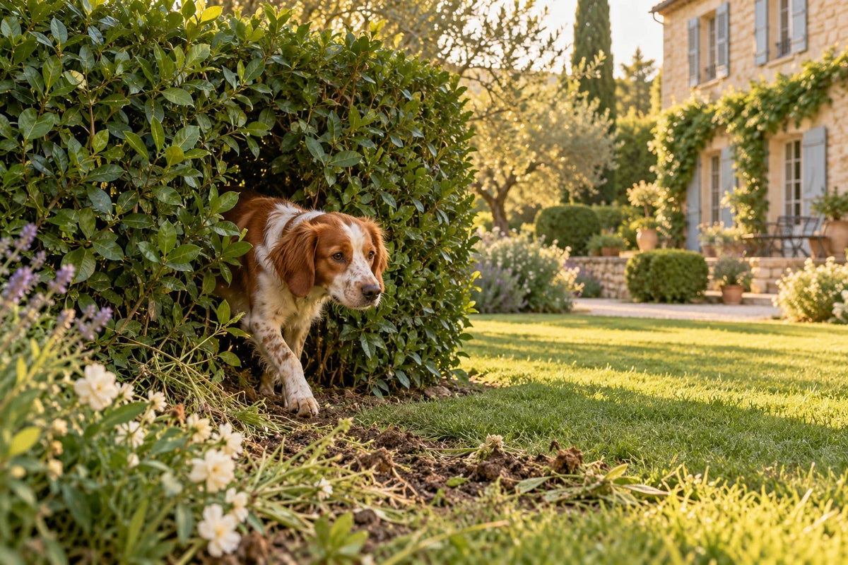 Chien épagneul qui entre dans un jardin par un trou au bas d'une haie, massif piétiné au premier plan