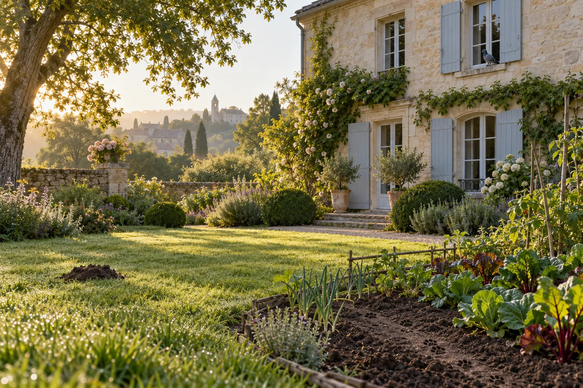 Jardin au petit matin avec une taupinière, des traces de chat dans le potager et un pigeon sur une fenêtre