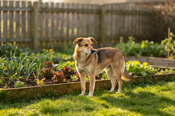 Chien dans un jardin, collection de répulsifs chien Naturia