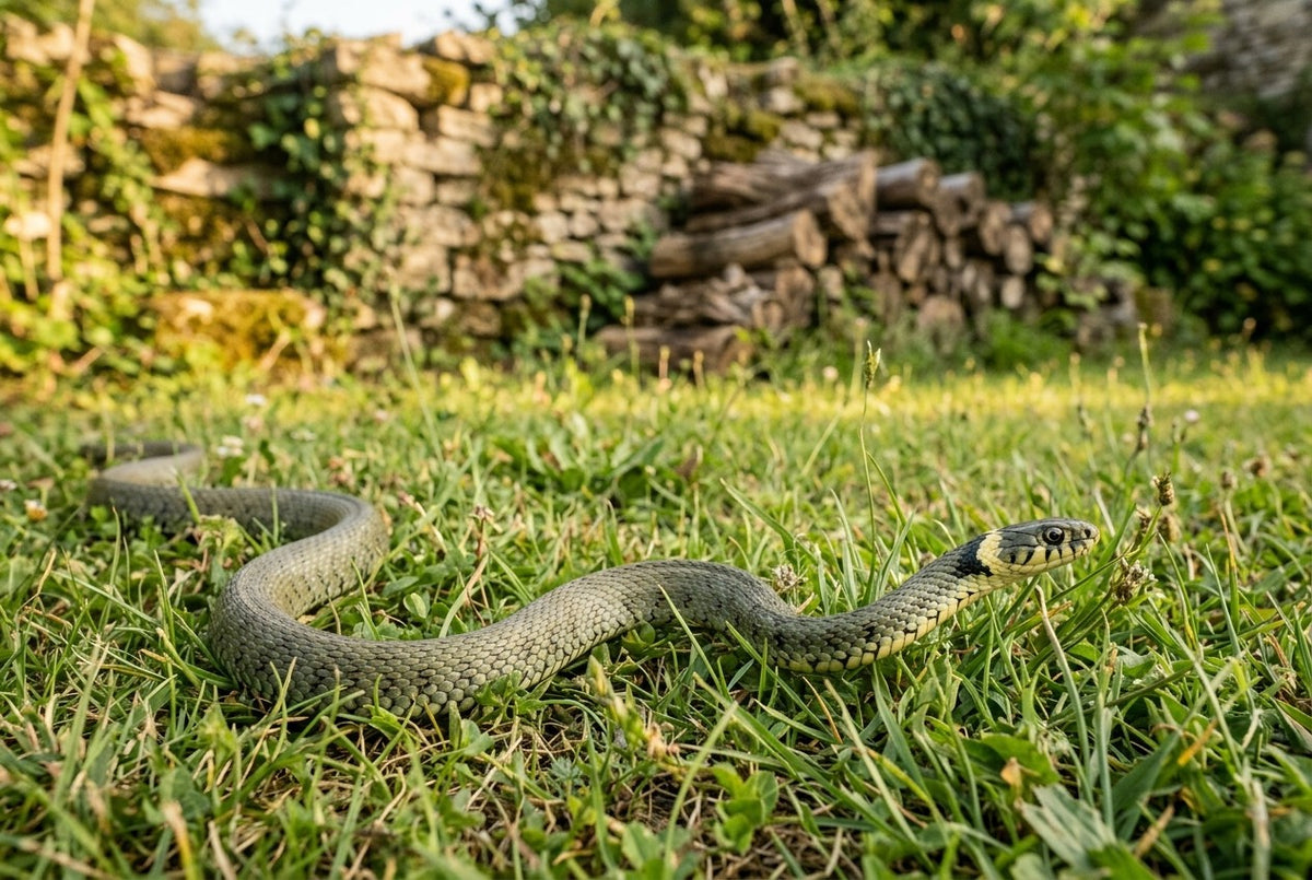 Couleuvre à collier glissant dans l'herbe d'un jardin, devant un muret de pierres sèches et un tas de bûches