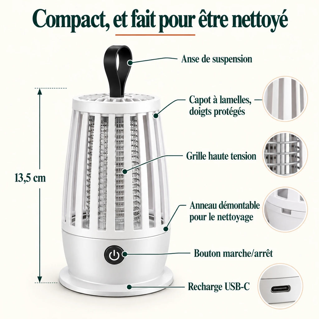 Caractéristiques : anse, capot à lamelles, grille haute tension, anneau démontable, recharge USB-C