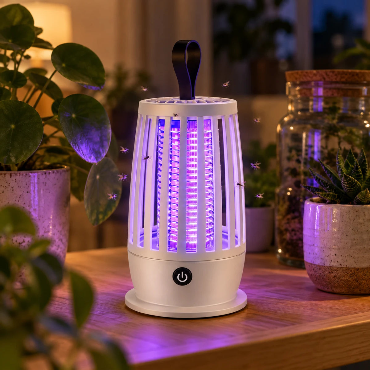 Lampe allumée le soir au milieu de plantes d'intérieur, des moucherons attirés par la lumière UV