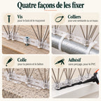 Quatre façons de fixer les pics anti-pigeons : vis dans le bois, colliers sur un tuyau, colle sur la pierre, adhésif sur le PVC