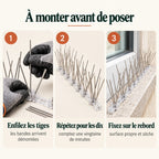 Montage des pics anti-pigeons en 3 étapes : enfiler les tiges avec des gants épais, répéter pour les dix bandes, fixer sur le rebord
