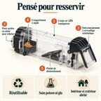 Caractéristiques du piège à souris Naturia : corps ABS transparent, porte avant à verrouillage automatique, porte arrière en métal, compartiment à appât et pédale