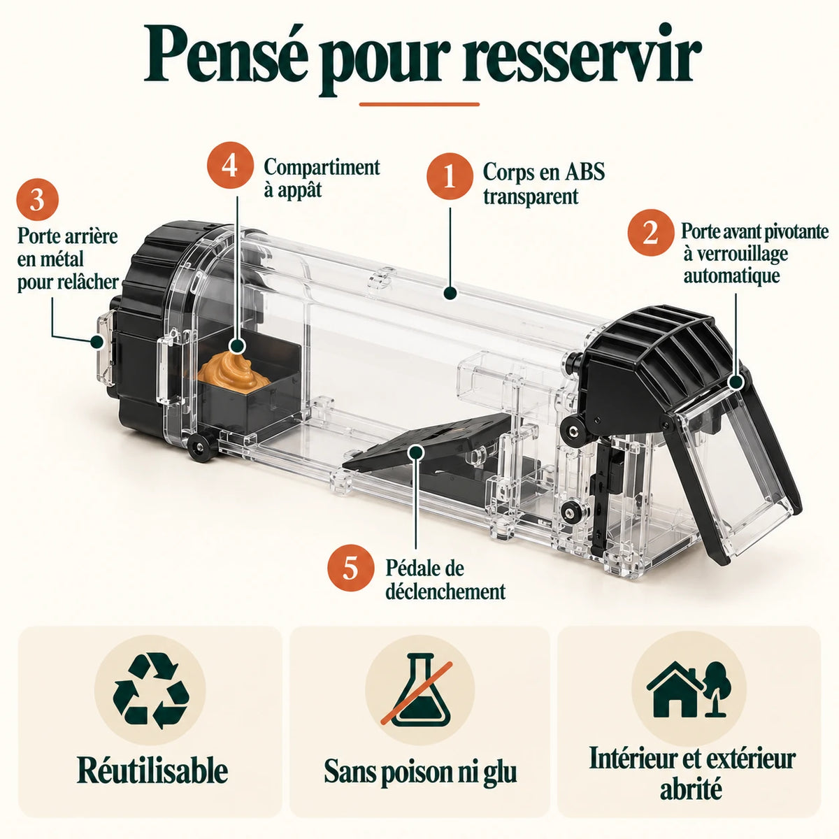 Caractéristiques du piège à souris Naturia : corps ABS transparent, porte avant à verrouillage automatique, porte arrière en métal, compartiment à appât et pédale