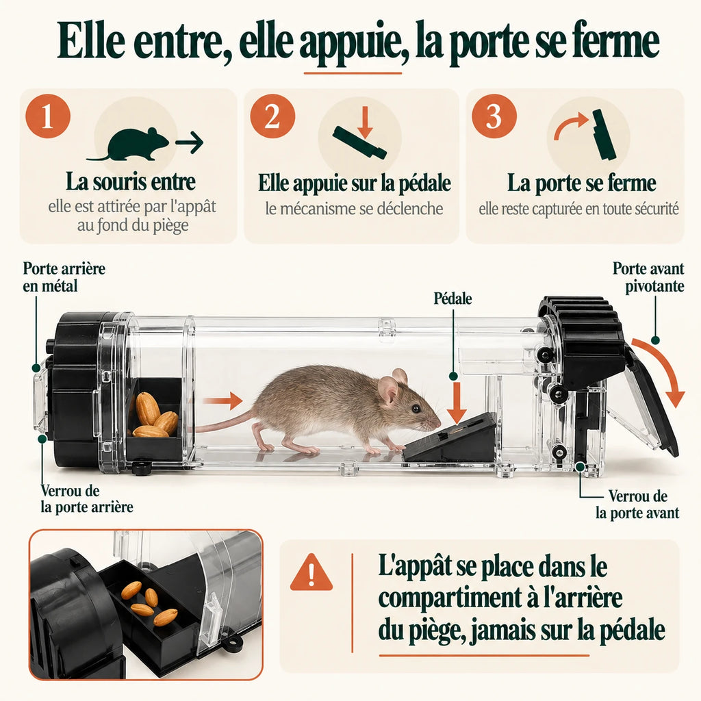 Mécanisme du piège : la souris entre attirée par l'appât, appuie sur la pédale, et la porte avant pivotante se referme et se verrouille