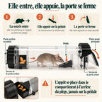 Mécanisme du piège : la souris entre attirée par l'appât, appuie sur la pédale, et la porte avant pivotante se referme et se verrouille