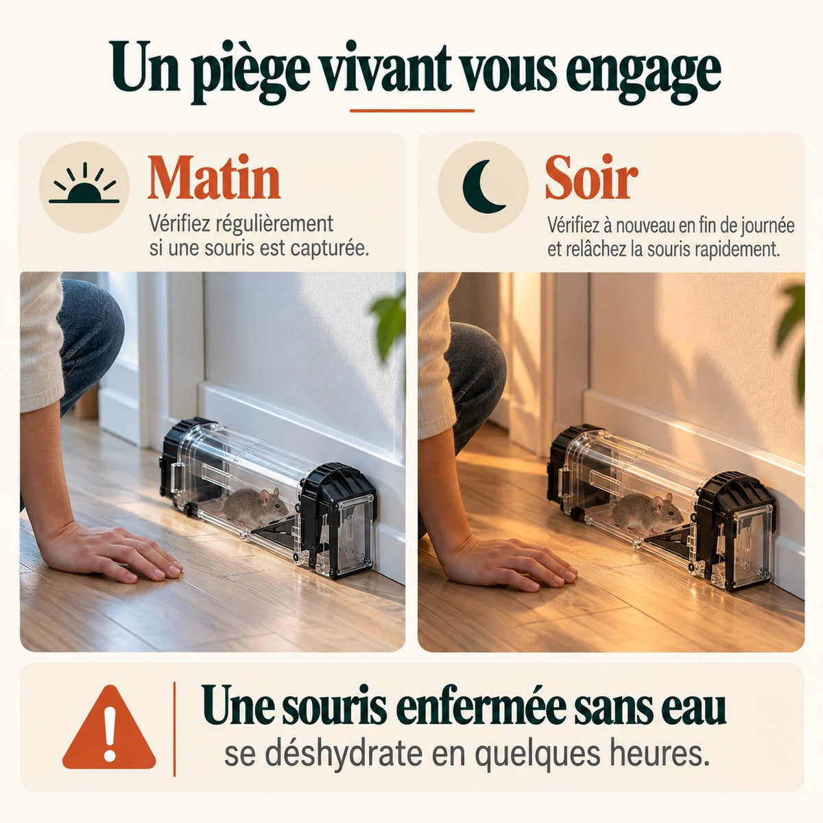 Vérification du piège matin et soir, posé au sol contre une plinthe : une souris enfermée sans eau se déshydrate en quelques heures