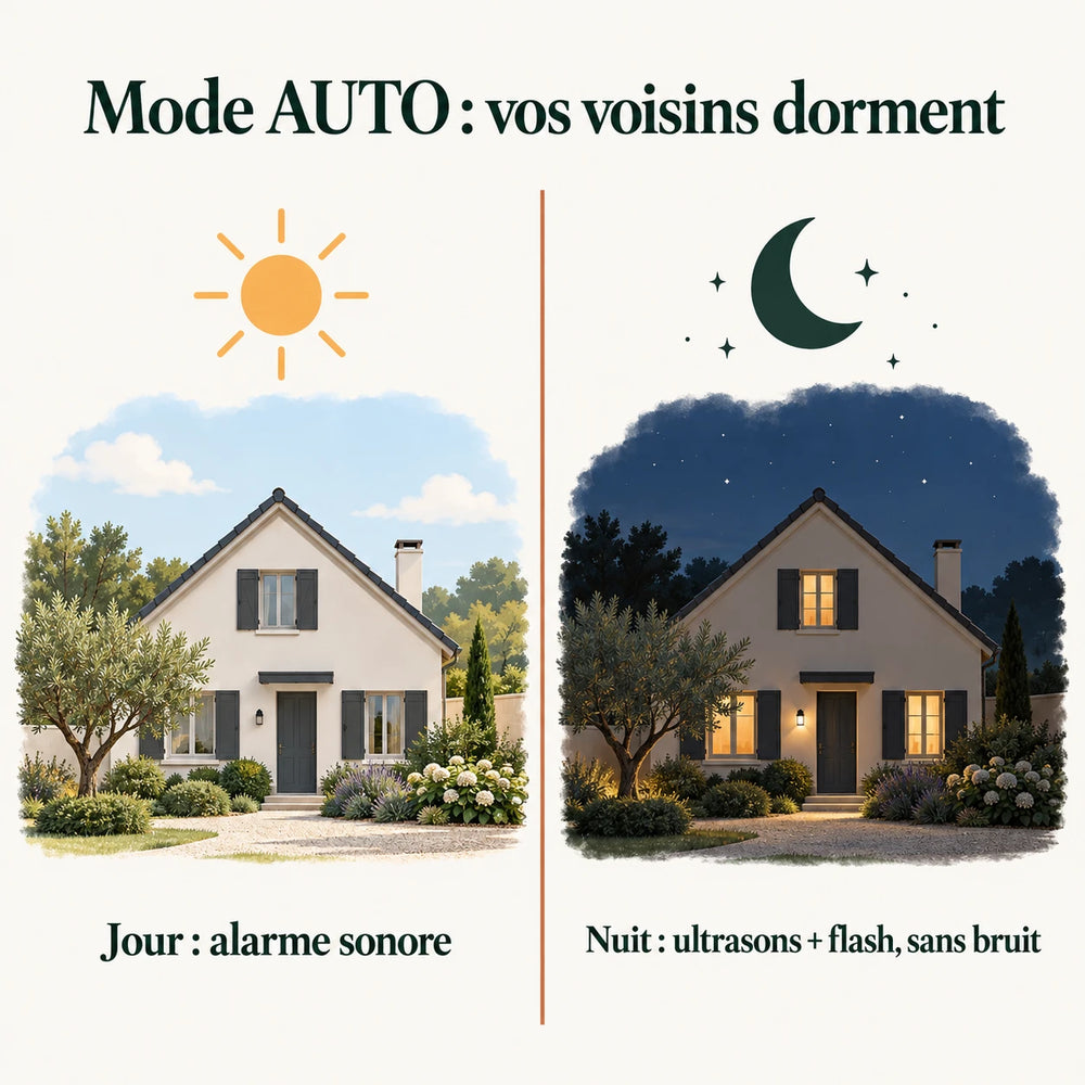 Mode AUTO du répulsif animaux : alarme sonore le jour, ultrasons et flash sans bruit la nuit