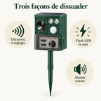 Triple action du répulsif animaux : ultrasons 6 réglages, flash LED la nuit, alarme sonore