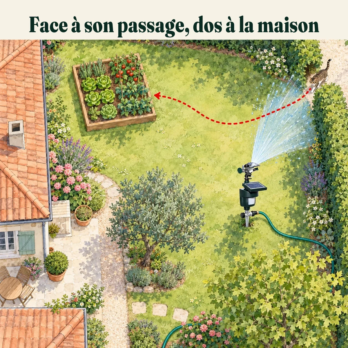 Où placer le répulsif chat à jet d'eau : face au passage du chat dans la haie, jet orienté à l'opposé de la maison