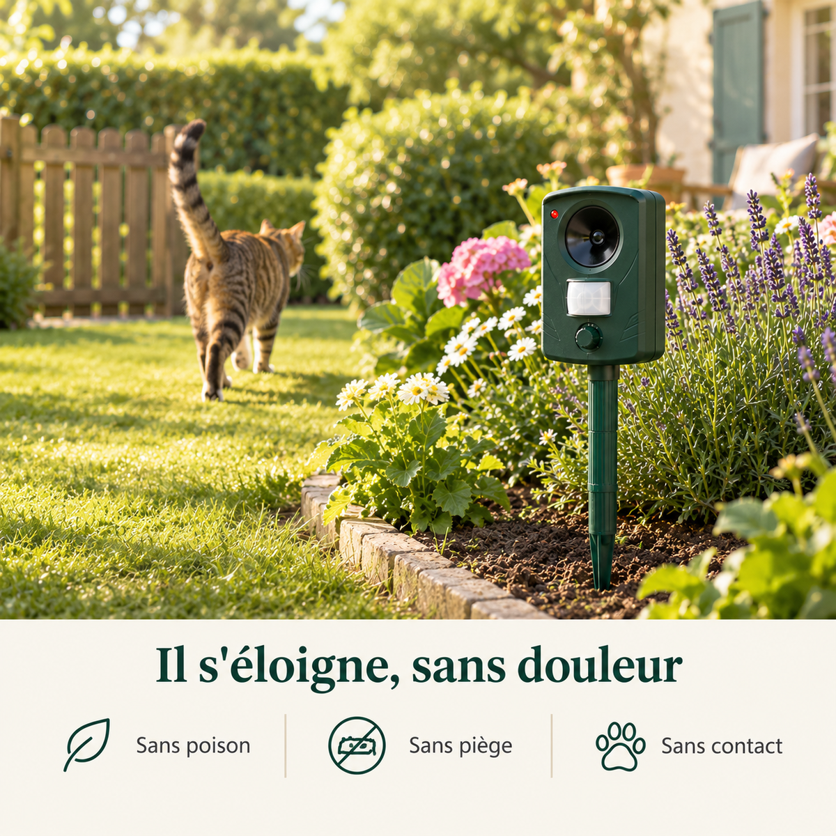 Chat qui s'éloigne du jardin après le déclenchement des ultrasons, sans douleur