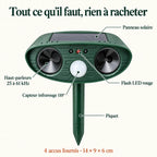 Caractéristiques du répulsif chat solaire : panneau solaire, haut-parleurs 25 à 61 kHz, capteur infrarouge 110°, flash LED rouge, 4 accus fournis