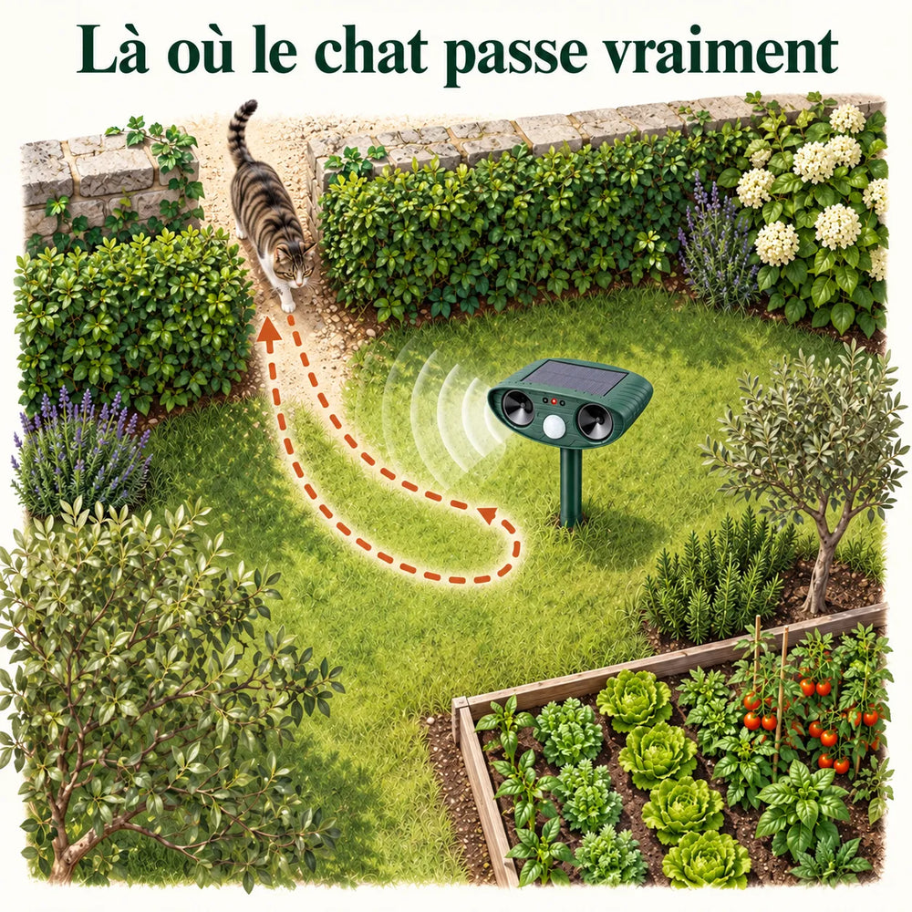 Où placer le répulsif chat solaire : face au passage du chat, entre le mur et le potager
