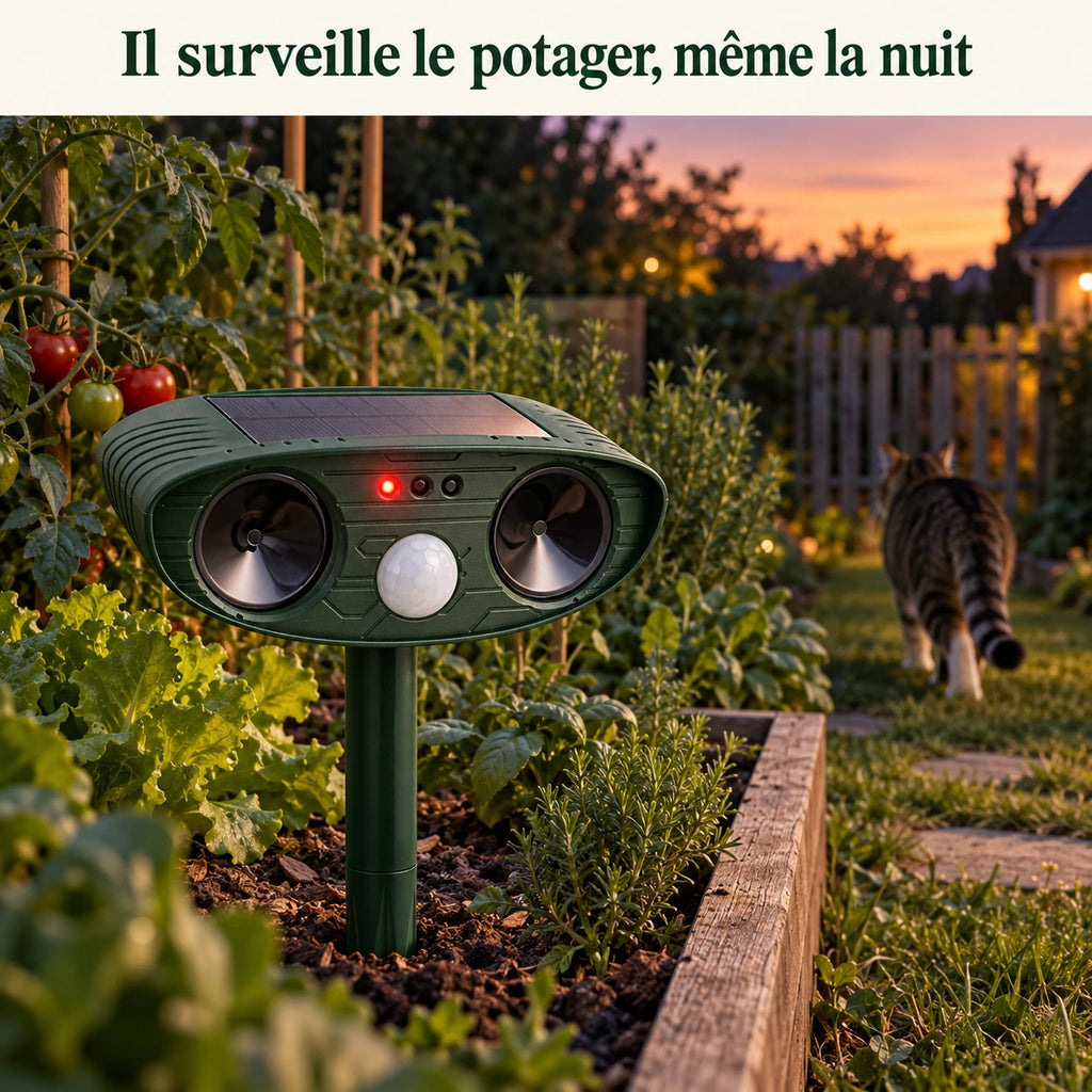 Répulsif chat solaire planté dans un potager au crépuscule, chat qui s'éloigne vers la clôture