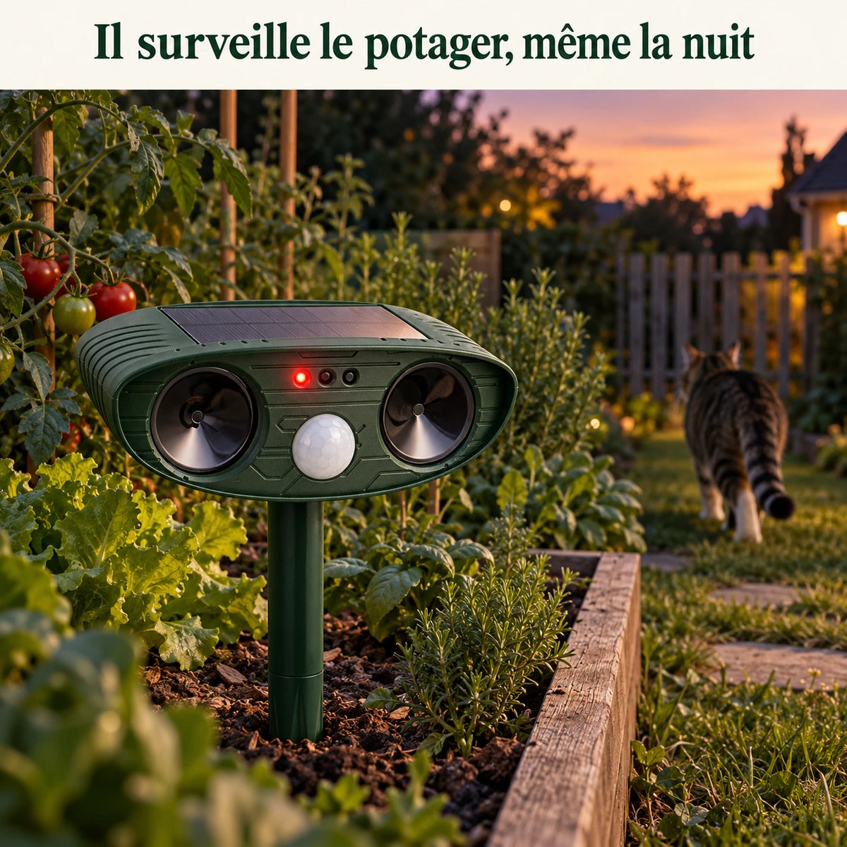 Répulsif chat solaire planté dans un potager au crépuscule, chat qui s'éloigne vers la clôture