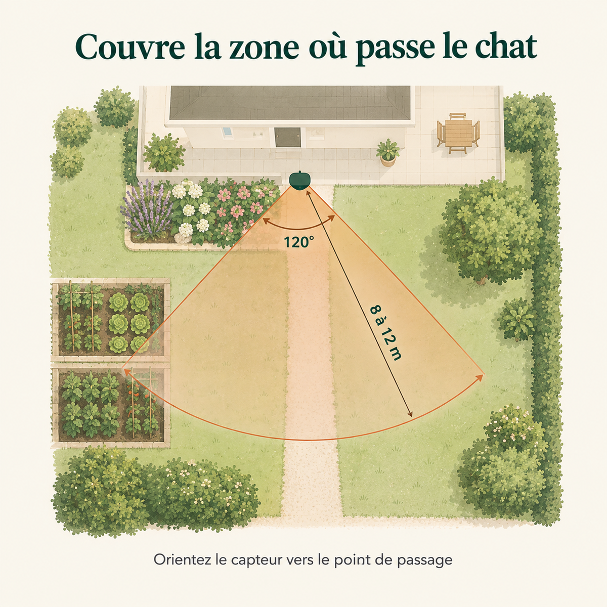 Zone de détection du répulsif anti-chat : angle de 120° et portée de 8 à 12 mètres