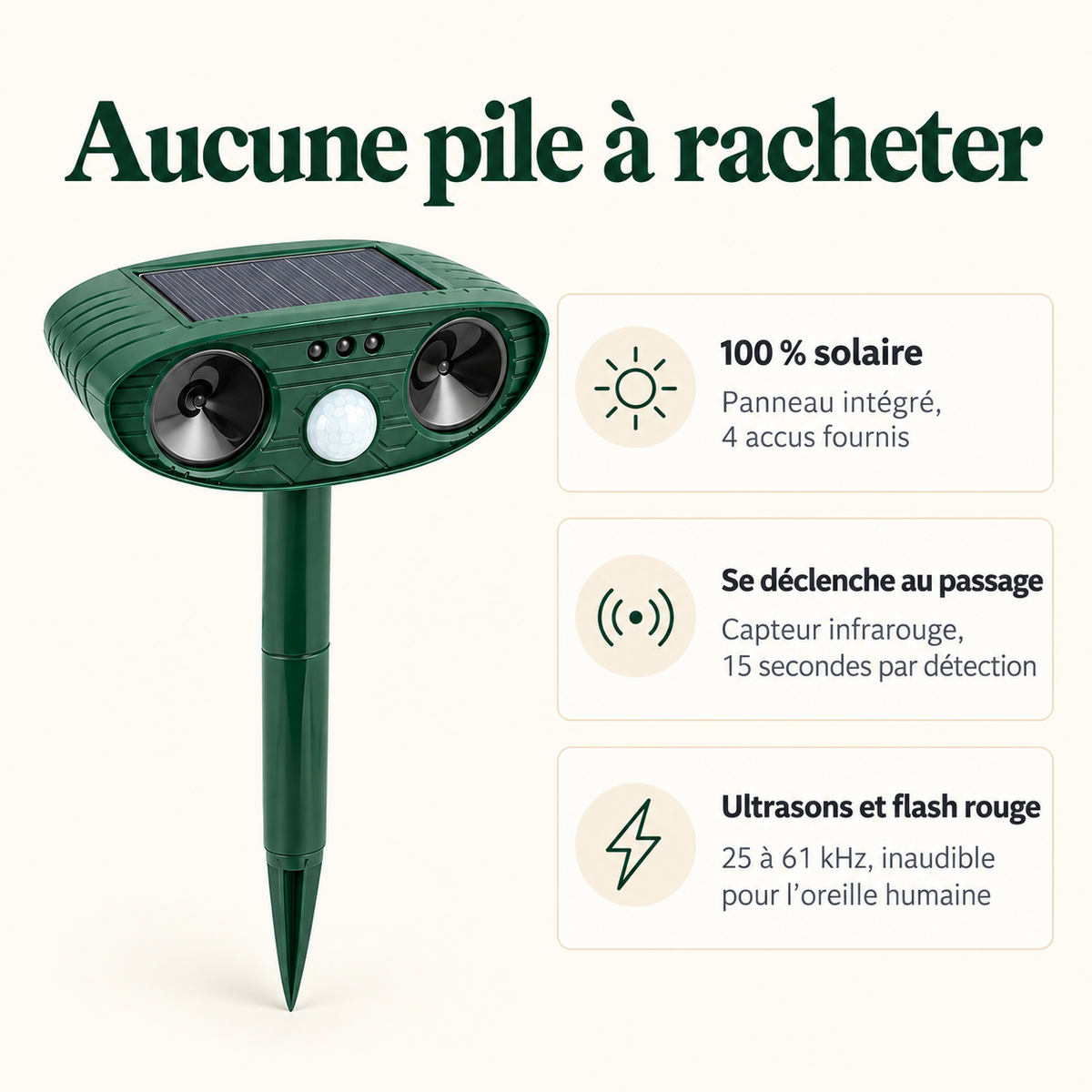 Répulsif chien Naturia 100 % solaire : panneau intégré, 4 accus fournis, capteur infrarouge et ultrasons de 25 à 61 kHz