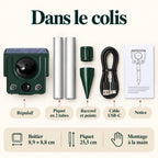 Contenu du colis : répulsif chien, piquet en 2 tubes, raccord et pointe, câble USB-C, notice