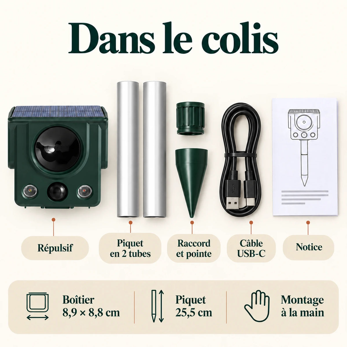 Contenu du colis : répulsif chien, piquet en 2 tubes, raccord et pointe, câble USB-C, notice