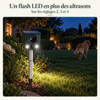 Le répulsif chien la nuit, ses deux LED allumées, un chien s'éloigne sur la pelouse