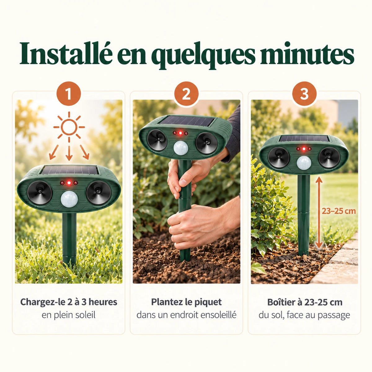 Installation du répulsif chien en 3 étapes : charge au soleil, piquet planté, boîtier à 23-25 cm du sol face au passage