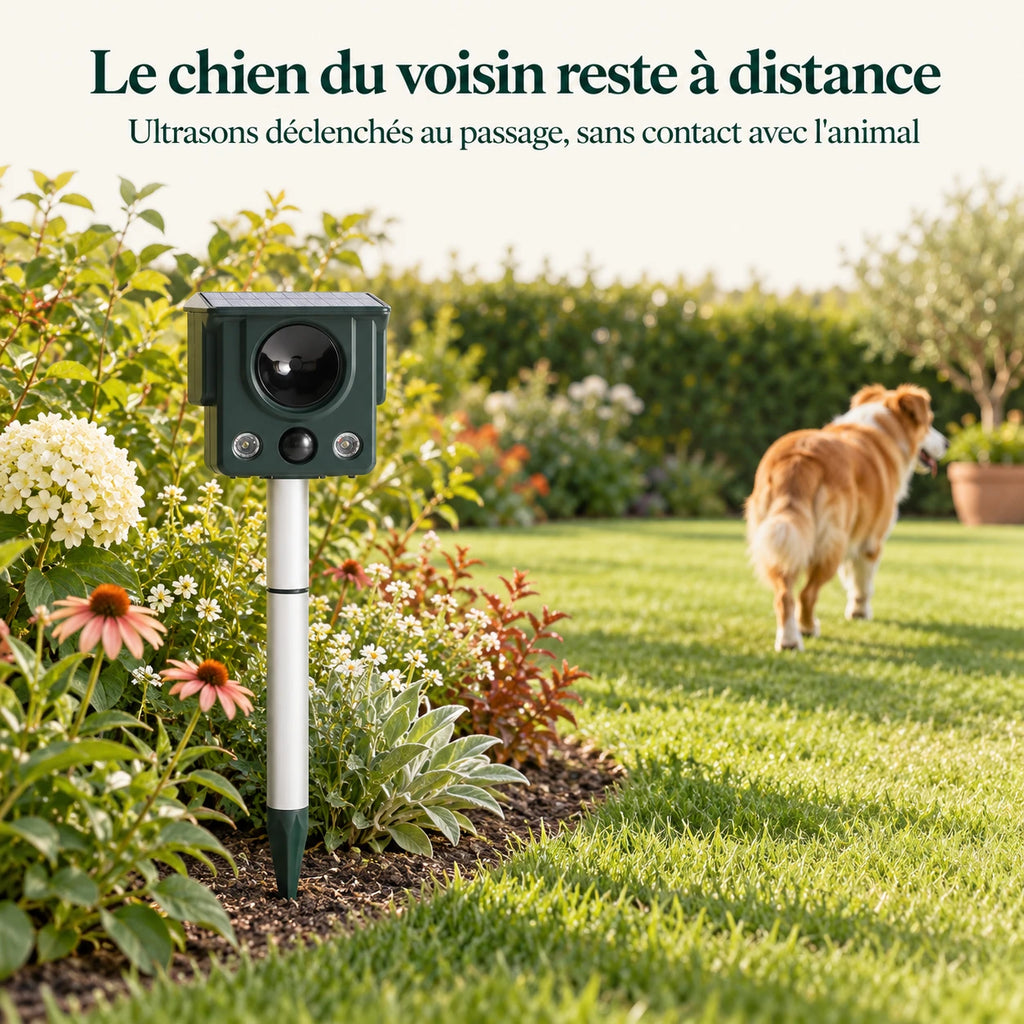 Répulsif chien planté au bord d'un massif, un chien s'éloigne sur la pelouse