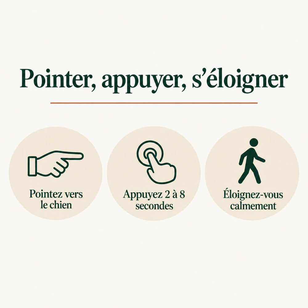 Mode d'emploi du répulsif chien portable : pointer, appuyer 2 à 8 secondes, s'éloigner calmement