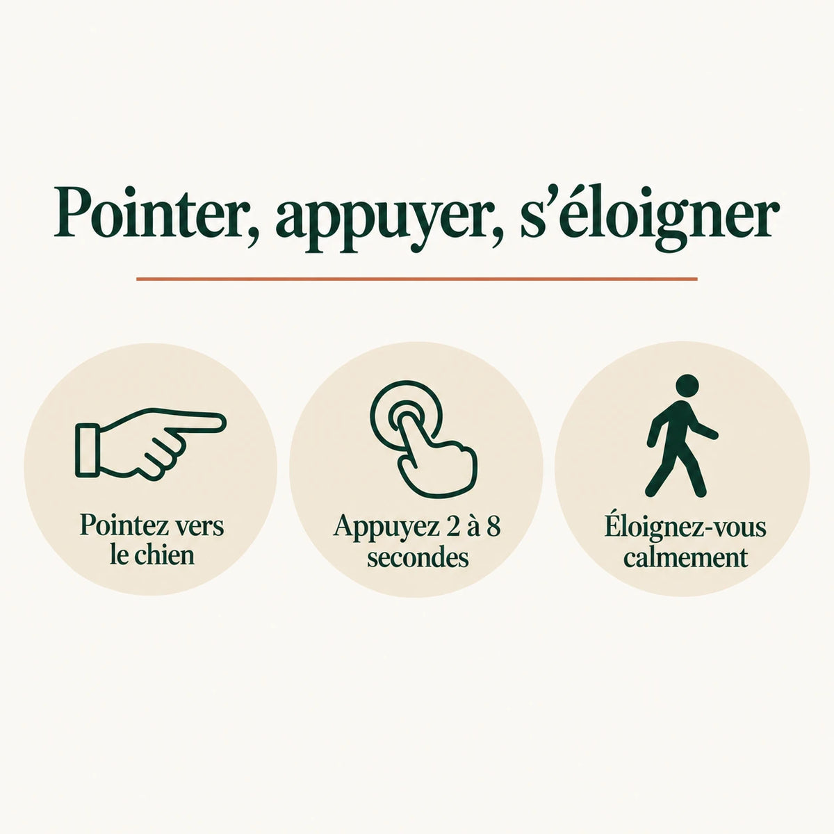 Mode d'emploi du répulsif chien portable : pointer, appuyer 2 à 8 secondes, s'éloigner calmement