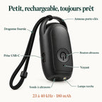Caractéristiques du répulsif chien portable : bouton ultrasons, voyant, sonde, lampe torche, USB-C, 23 à 40 kHz