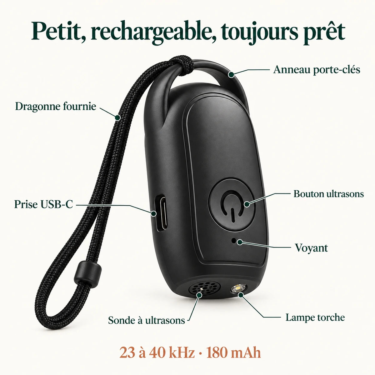 Caractéristiques du répulsif chien portable : bouton ultrasons, voyant, sonde, lampe torche, USB-C, 23 à 40 kHz