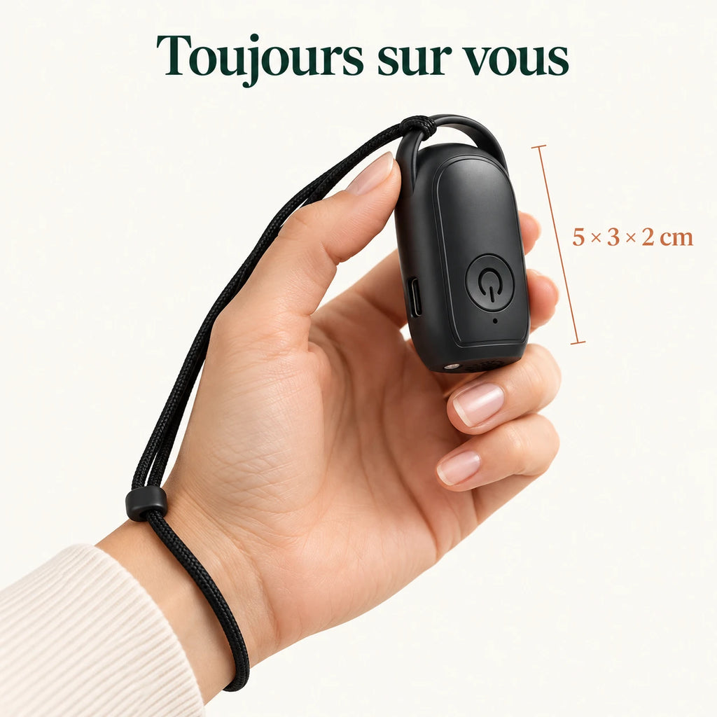 Répulsif chien de poche tenu en main avec sa dragonne, 5 x 3 x 2 cm
