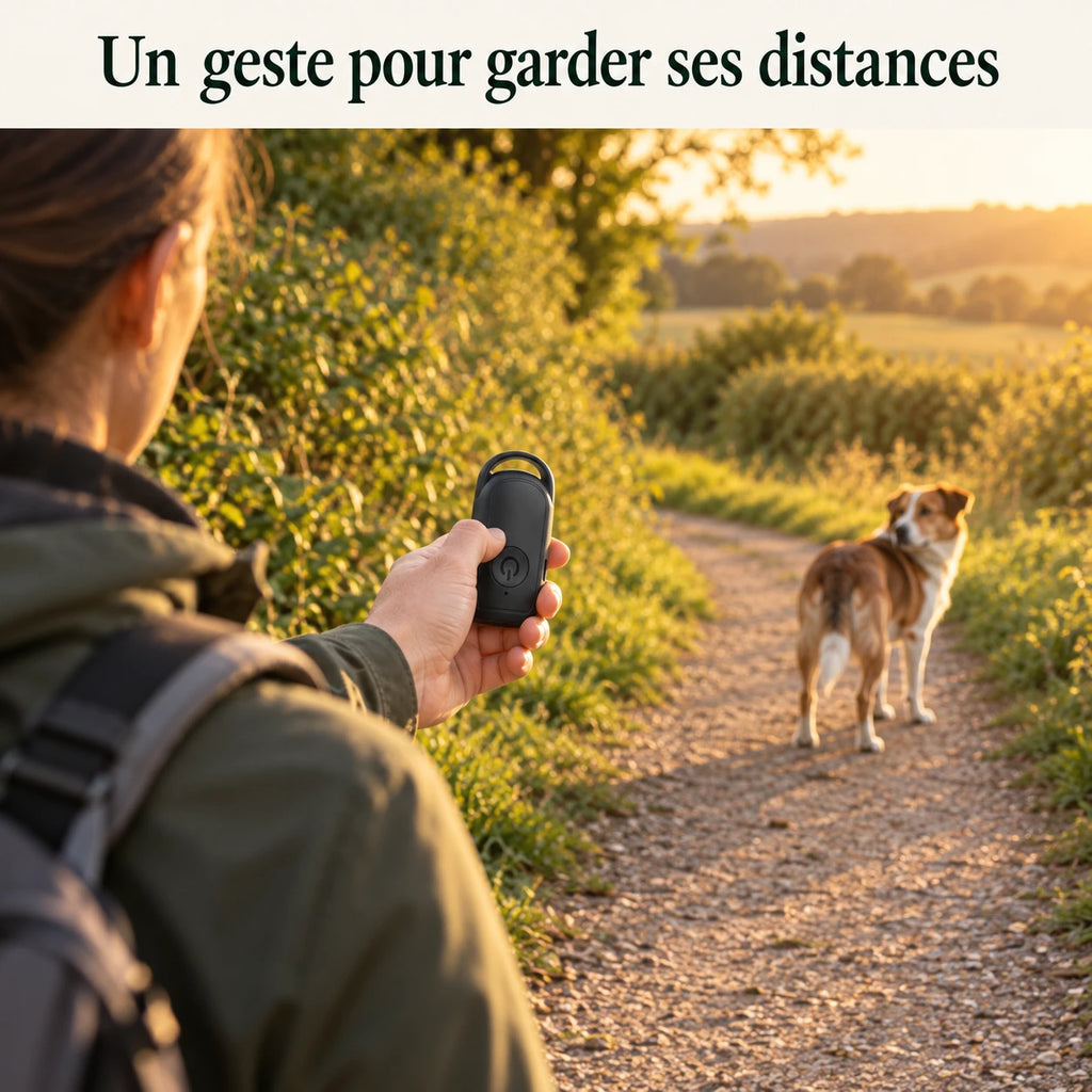 Promeneur utilisant le répulsif chien de poche face à un chien sur un chemin de campagne