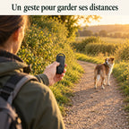 Promeneur utilisant le répulsif chien de poche face à un chien sur un chemin de campagne
