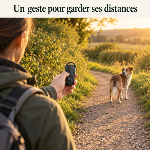 Promeneur utilisant le répulsif chien de poche face à un chien sur un chemin de campagne