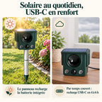 Recharge du répulsif chien : panneau solaire au jardin, câble USB-C par temps couvert