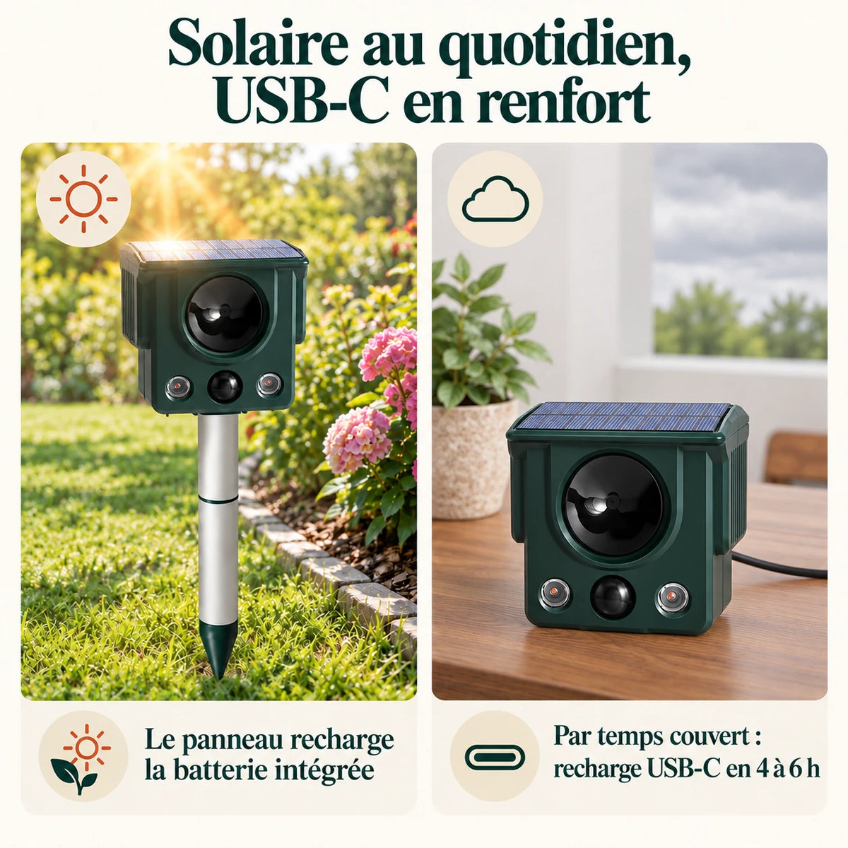 Recharge du répulsif chien : panneau solaire au jardin, câble USB-C par temps couvert