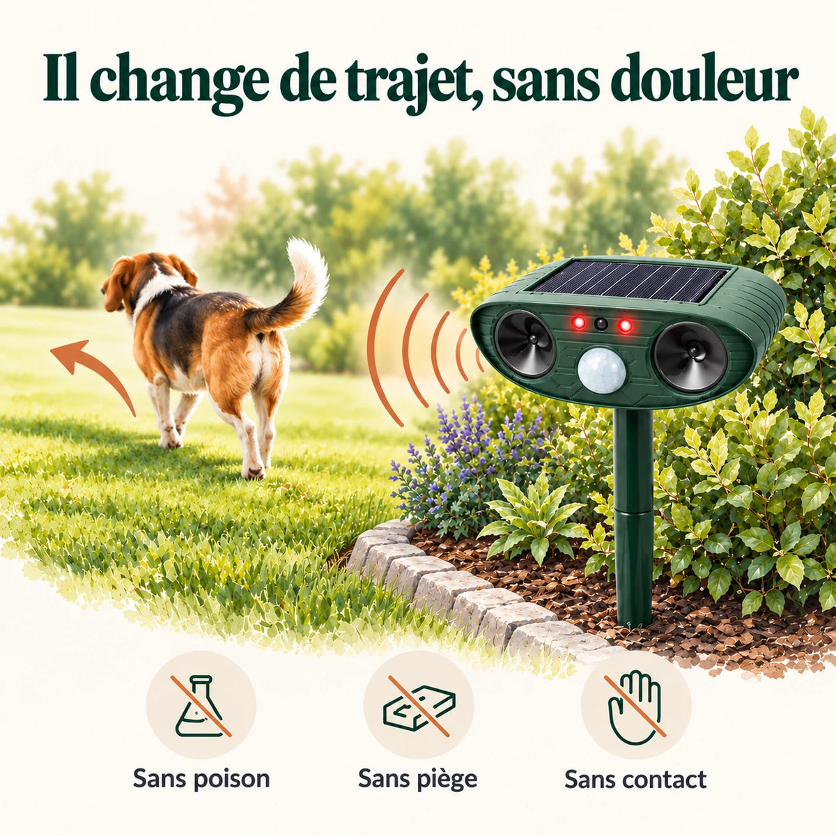 Chien qui s'éloigne du jardin après le déclenchement des ultrasons, sans poison, sans piège et sans contact