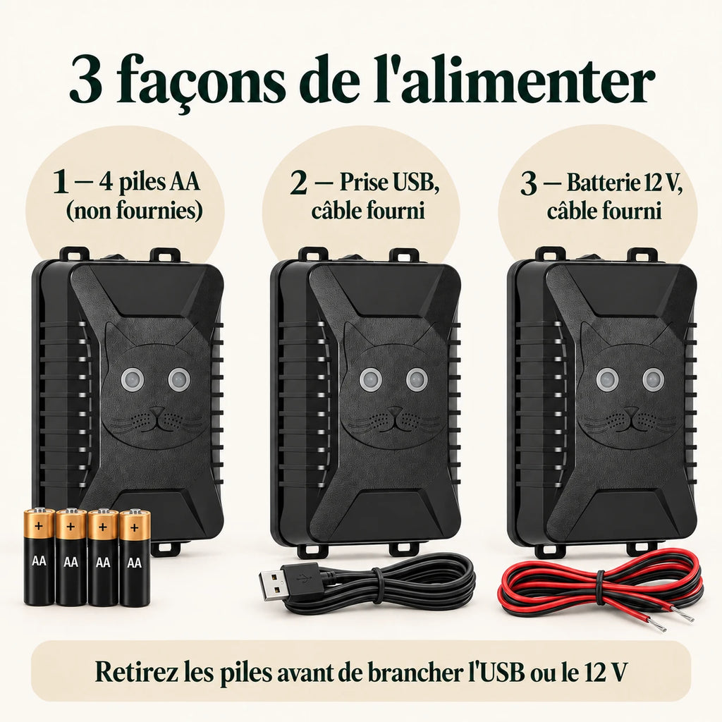 Trois alimentations du répulsif fouine : 4 piles AA, prise USB ou batterie 12 V