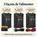 Trois alimentations du répulsif fouine : 4 piles AA, prise USB ou batterie 12 V
