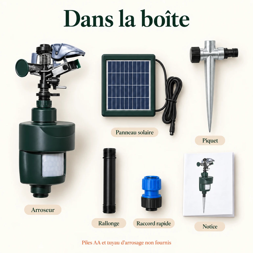 Contenu du colis du répulsif fouine : arroseur, panneau solaire, piquet, rallonge, raccord rapide et notice