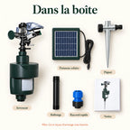 Contenu du colis du répulsif fouine : arroseur, panneau solaire, piquet, rallonge, raccord rapide et notice