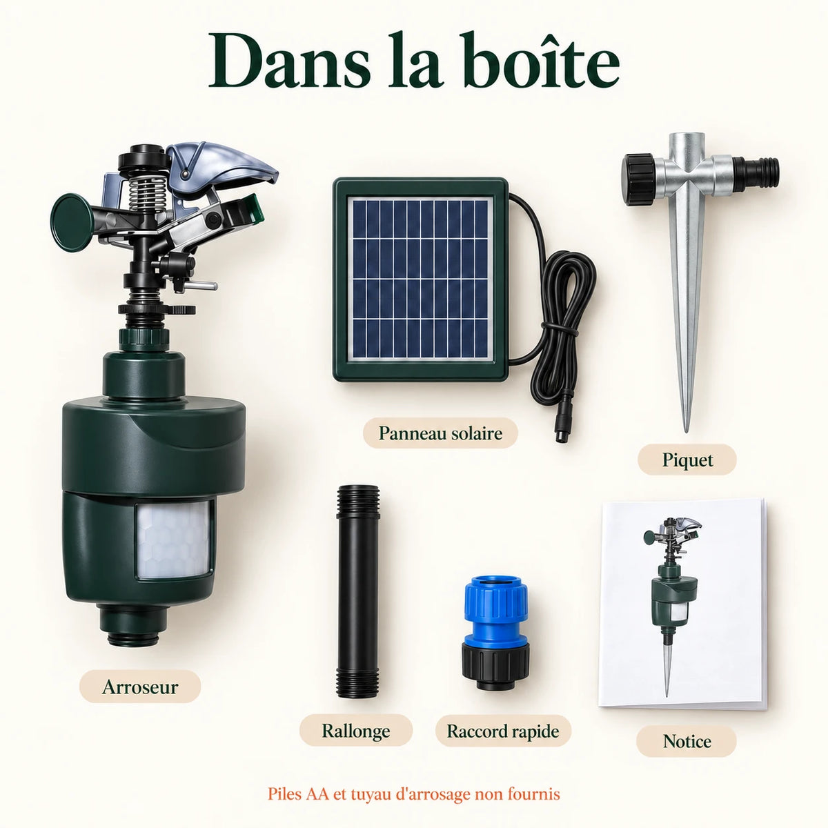 Contenu du colis du répulsif fouine : arroseur, panneau solaire, piquet, rallonge, raccord rapide et notice