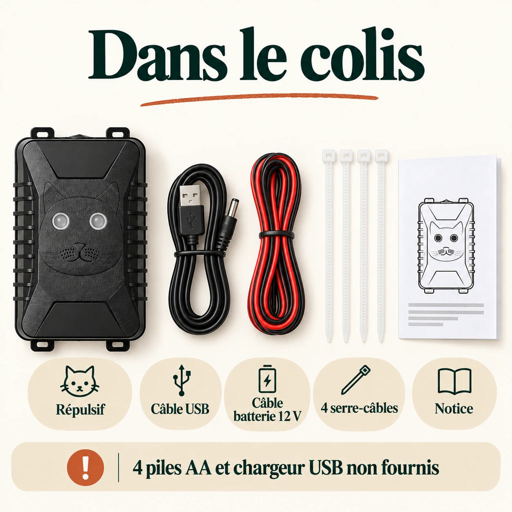 Contenu du colis : répulsif fouine, câble USB, câble batterie 12 V, 4 serre-câbles, notice