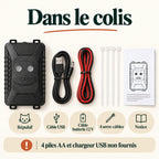 Contenu du colis : répulsif fouine, câble USB, câble batterie 12 V, 4 serre-câbles, notice