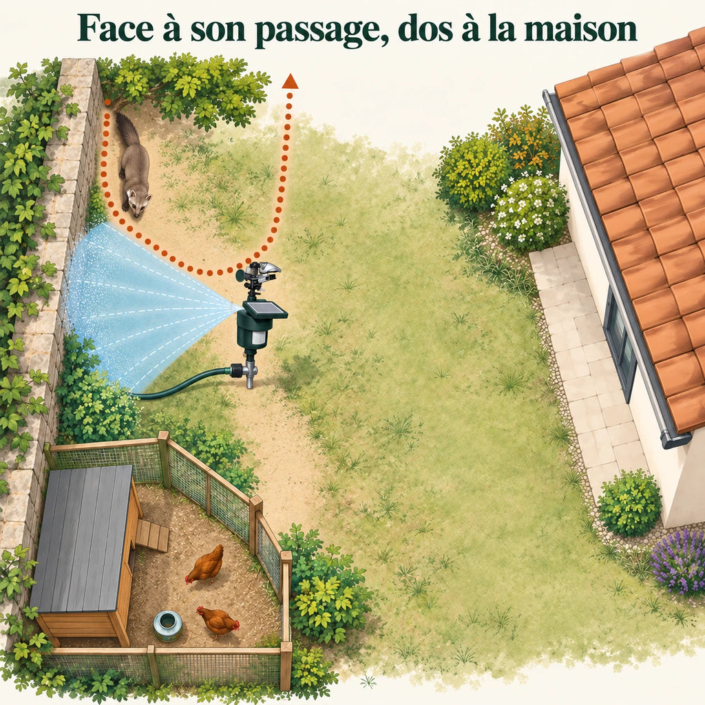 Où placer le répulsif fouine : face à son passage le long du mur, jet orienté à l'opposé de la maison
