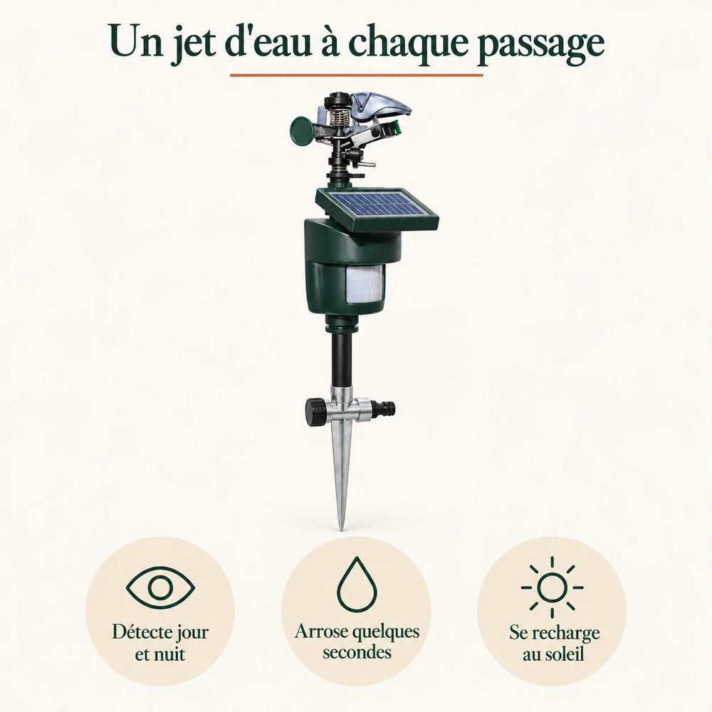 Fonctionnement du répulsif fouine : détection jour et nuit, jet d'eau de quelques secondes, recharge solaire