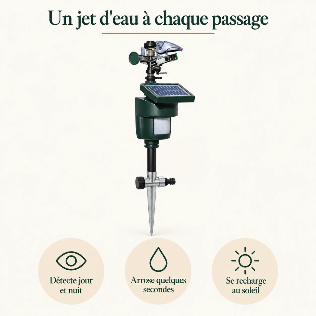 Fonctionnement du répulsif fouine : détection jour et nuit, jet d'eau de quelques secondes, recharge solaire