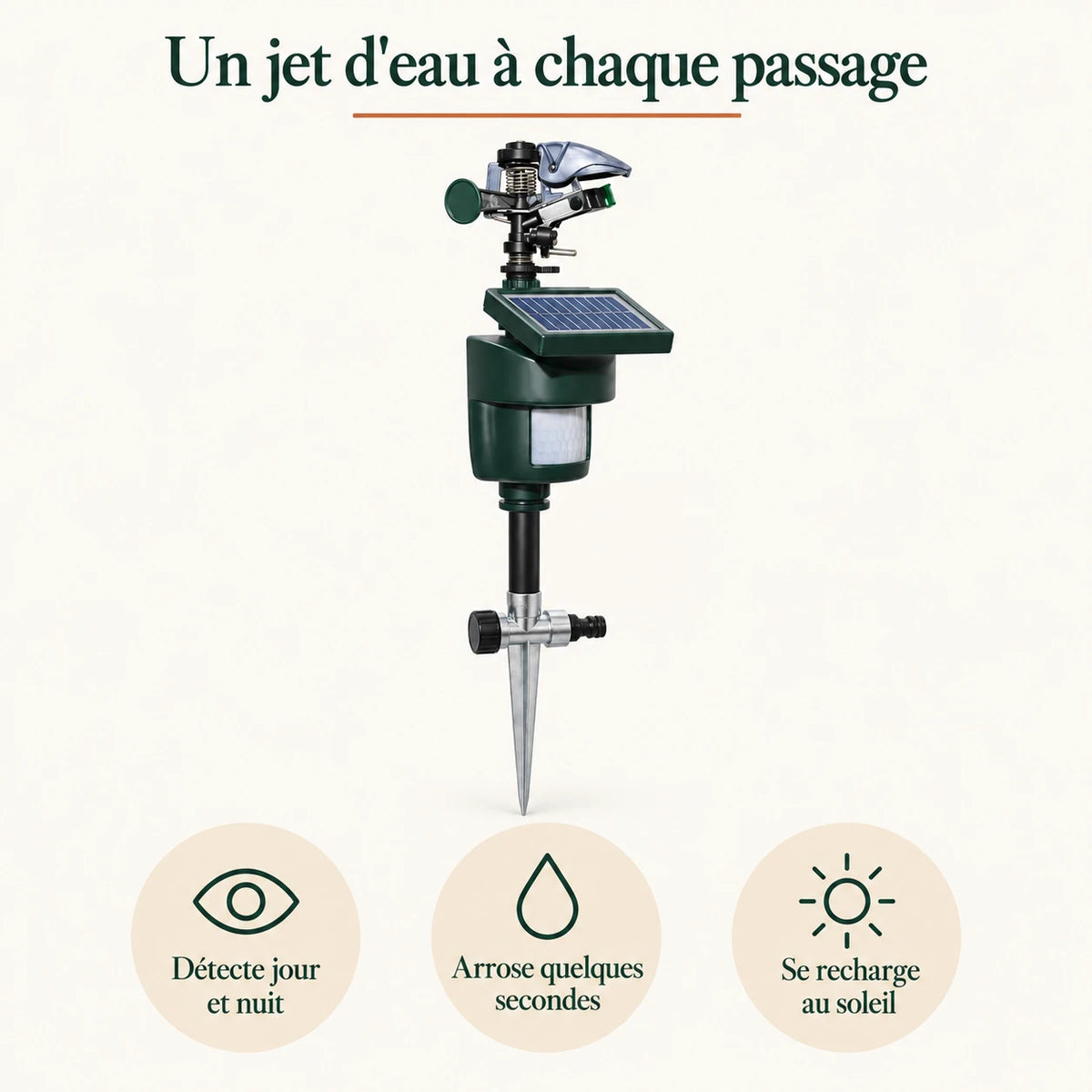 Fonctionnement du répulsif fouine : détection jour et nuit, jet d'eau de quelques secondes, recharge solaire
